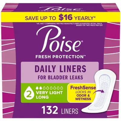 Poise Daily Incontinence Panty Liners, 2 Drop Very Light, 132 ct.