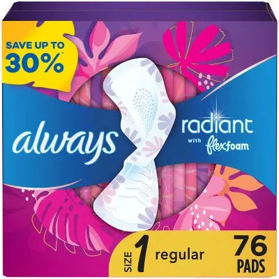Always Radiant Regular Pads with Flexi-Wings, Scented, Size 1, 76 ct.