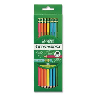 Ticonderoga Pre-Sharpened Pencil, 2.2 mm, HB (#2), Black Lead, Neon Assorted Barrel Colors, 18/Pack