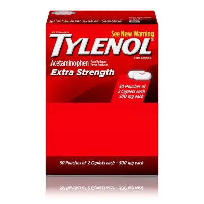 Tylenol Extra Strength, 500 mg. Acetaminophen, 2 caplets/pk., 50 pk.
