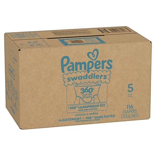 Pampers Diapers - Swaddlers 360° - Size 5, 116 Count, up to 100% Leakproof Comfy Dry Fit, Designed for Easy Changes, Pull On Baby Diaper (Packaging May Vary)