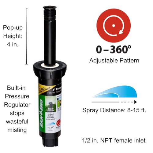 Rain Bird 1804APPR25 Pressure Regulating (PRS) Professional Pop-Up Sprinkler, Adjustable 0° to 360° Pattern, 8' - 15' Spray Distance, 4" Pop-up Height