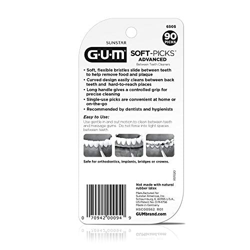GUM Soft-Picks Advanced, Easy to Use Dental Picks for Teeth Cleaning and Gum Health, Disposable Interdental Brushes with Convenient Carry Case, Dentist Recommended Dental Picks, 90 Count (Pack of 3)