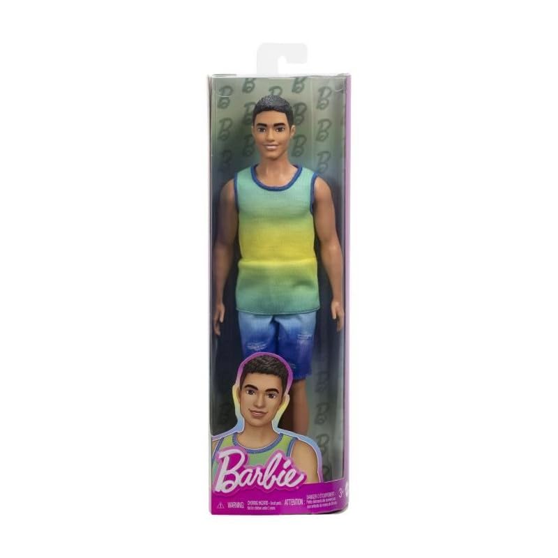 Barbie Fashionistas Ken Doll #236 with Black Hair, Wearing Blue and Green Ombre Tank with Jean Shorts and Silver Sneakers