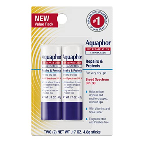 Aquaphor Lip Balm Set with Jojoba Oil and Shea Butter, Lip Repair Stick (2 x 0.17 Oz) + Repair Stick with Sunscreen SPF 30 (2 x 0.17 Oz), Fragrance Free, Paraben Free, Immediately Relieves Dryness