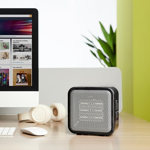 Amazon Basics Ceramic Space Heater, Mini Heater for Office Desk, Portable Tent Heater for Camping (Indoor Use), 500 W, With Tip-Over Protection, Lightweight (1.4 LBS), Black, 5.87”D x 3.15”W x 5.95”H