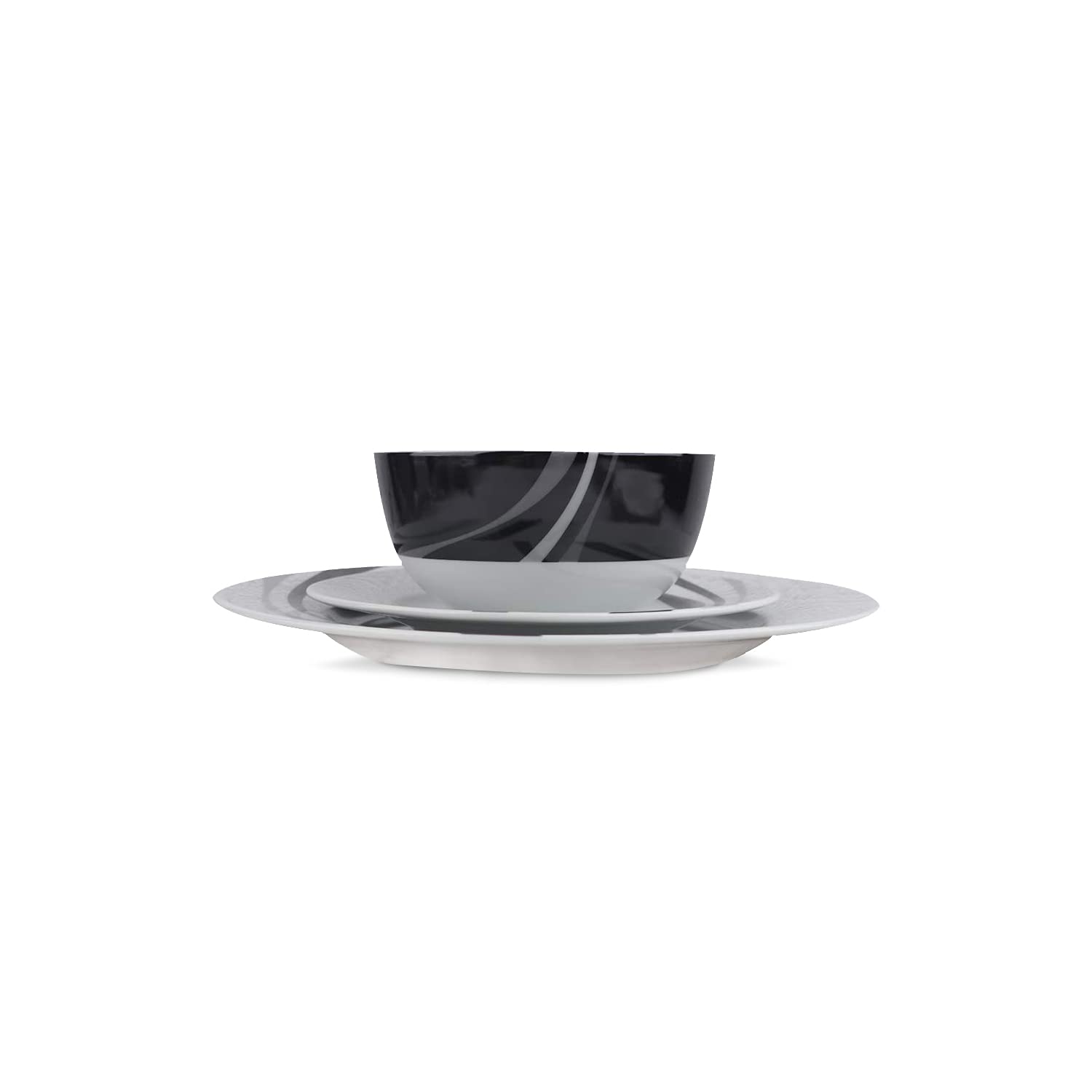 Amazon Basics Dinnerware Set, Microwave and Dishwasher Safe, Service for 6, 18-Piece Complete Kitchen, Plates, Dishes, Bowls, Swirl