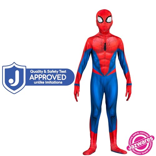 Marvel Spider-Man Official Youth Deluxe Zentai Costume - Deluxe Two-Way Stretch Spandex with Invisible Zippers and Wrist Openings for Added Convenience (S) Multi