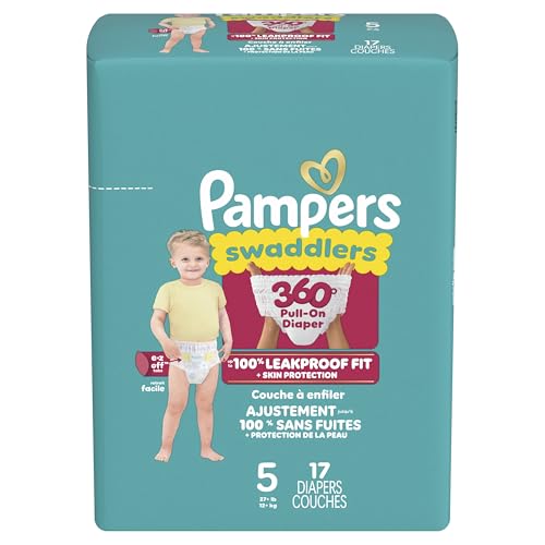 Pampers Diapers - Swaddlers 360° - Size 5, 17 Count, up to 100% Leakproof Comfy Dry Fit, Designed for Easy Changes, Pull On Baby Diaper