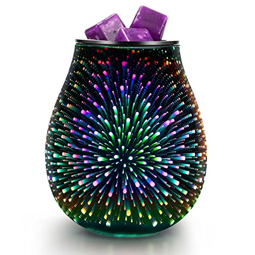 Inrorans 3D Glass Electric Wax Melt Warmer Oil Burner with Stable Heating PTC Reusable Silicone Tray 7 Colorful Changing Led Light Night Light Scent Warmer for Home Fragrance Warmers(3D Firework)...