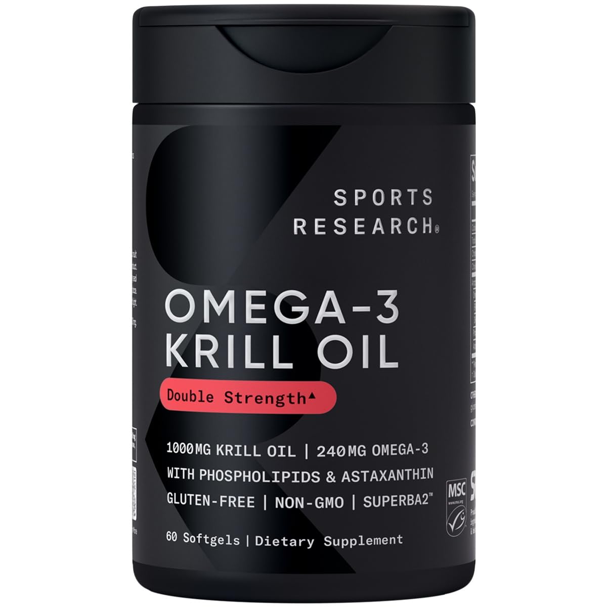 Sports Research® Omega-3 Krill Oil 1000mg - Double Strength Antarctic Fish Oil Supplement w/Astaxanthin, Phospholipids & Choline - MSC Certified Sustainable · Non-GMO · Gluten Free - 60 Softgels