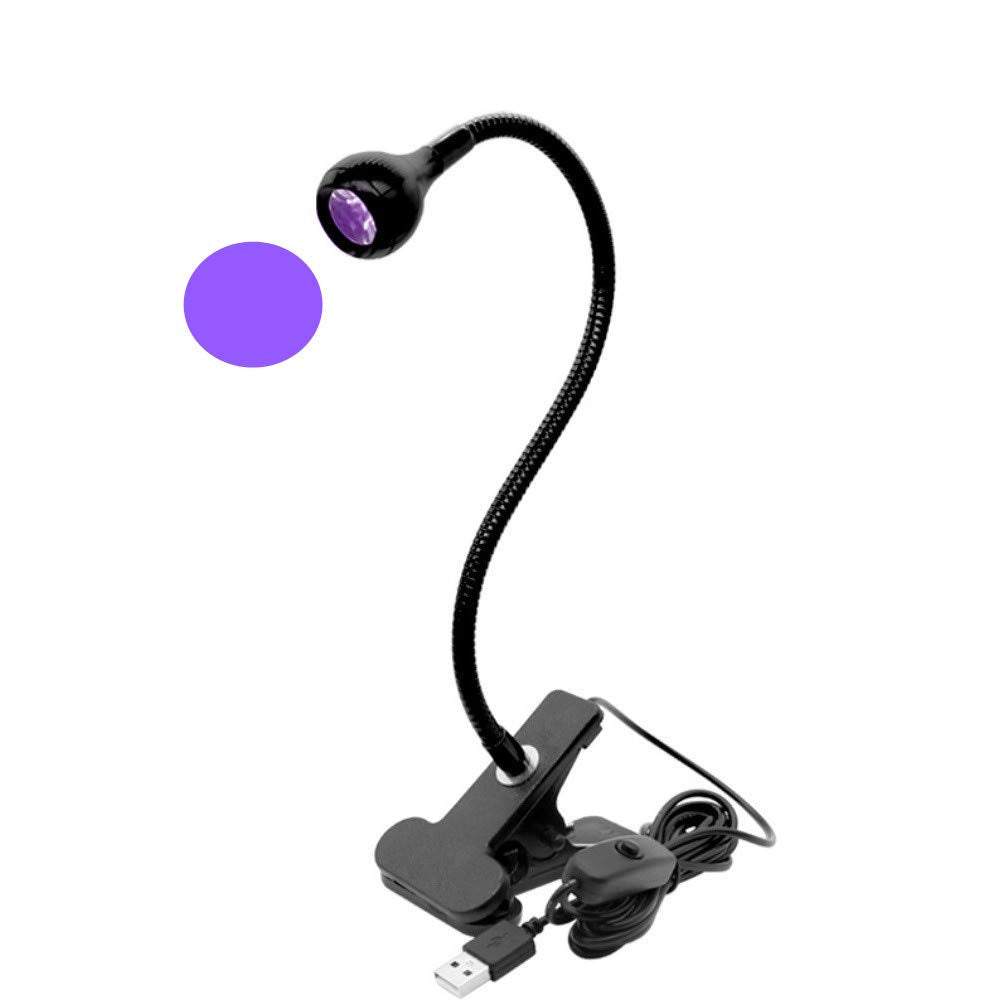 ZOELASS Verbesserte Großchip-395-nm-UV-LED-Schwarzlichtleuchten mit Schwanenhals und Klemme für UV-Gel-Nägel und Ultravioletthärtung, tragbares Schwarzlicht 5V USB-Eingang (Schwarz 2W)