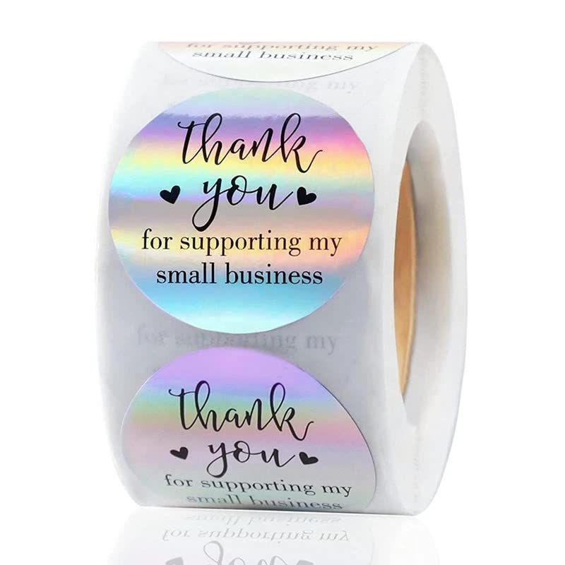 500 PCS Holographic Thank You for Supporting My Small Business Stickers - 1.5 Inch Round Self-Adhesive Waterproof Labels - Eye-Catching Packaging Seals for Orders, Gift Bags, Boxes & Envelopes