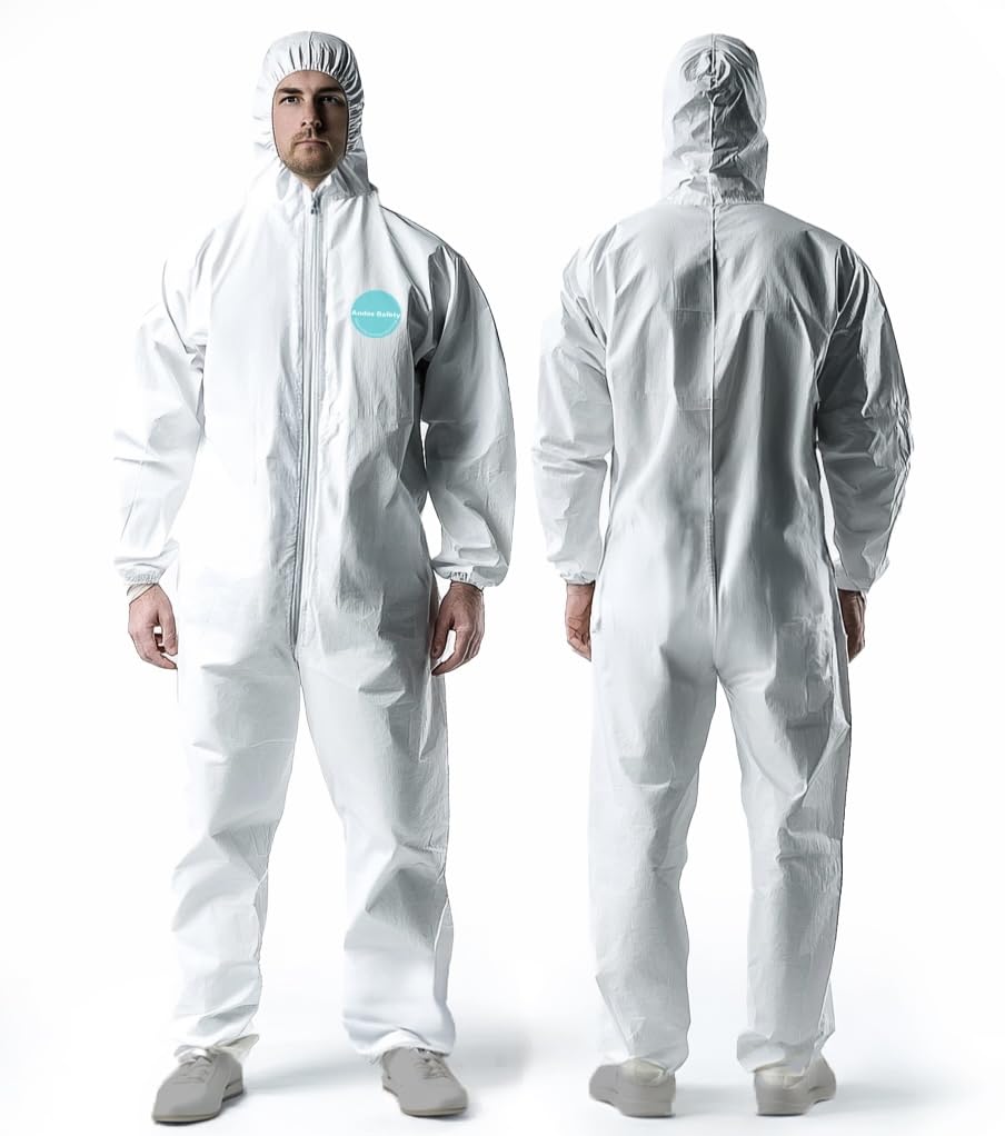 Andes Safety Hazmat Suits, Heavy Duty Full Body Disposable Paint Suits, Coveralls with Hood, Elastic Wrists and Ankles, Available in 10 Sizes, (Large)