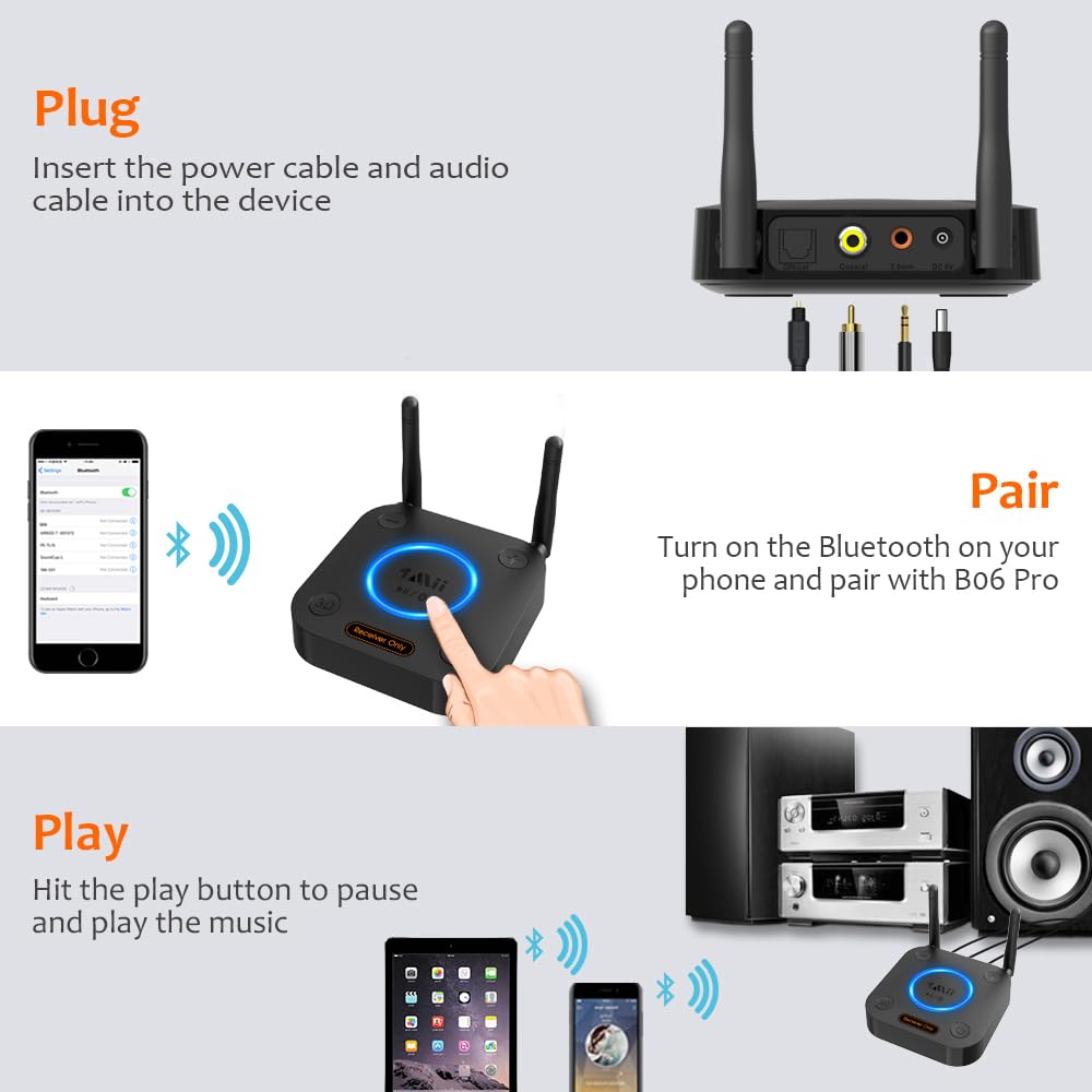 [Upgraded] 1Mii B06Pro Long Range Bluetooth Receiver, HiFi Wireless Audio Adapter, Bluetooth 5.1 Receiver with 3D Surround aptX HD Low Latency Optical RCA AUX 3.5mm Coaxial for Home Stereo System