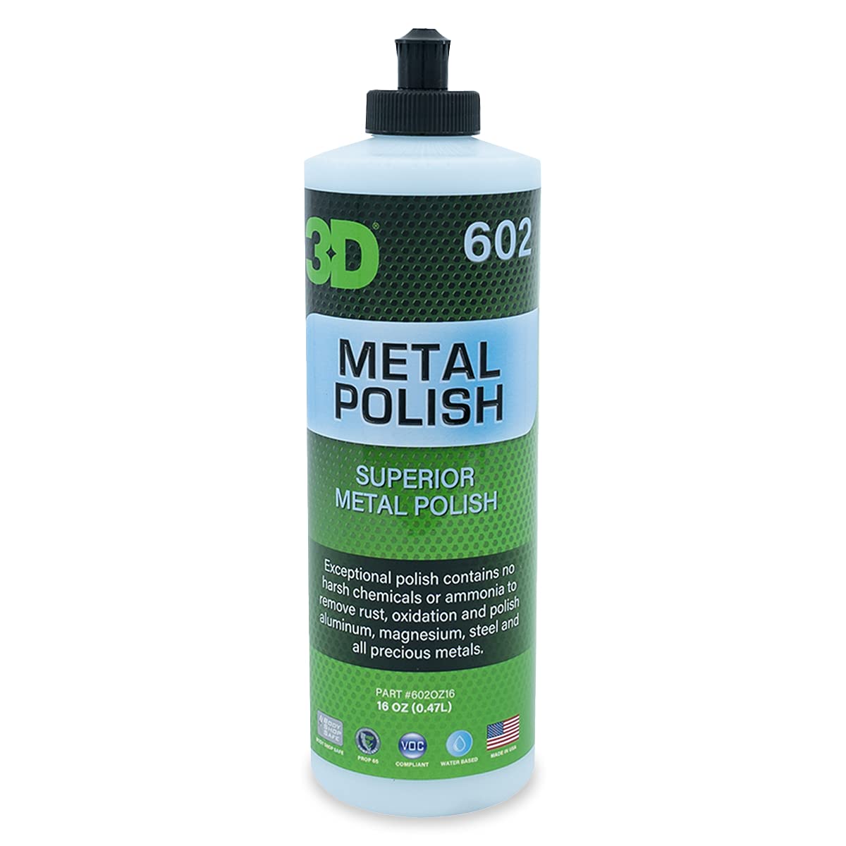 3D Metal Polish - Heavy Duty Car Metal Polish for Aluminum, Chrome, Brass, Copper, Silver - Removes Oxidation, Tarnish & Stains - 16oz - Made in USA