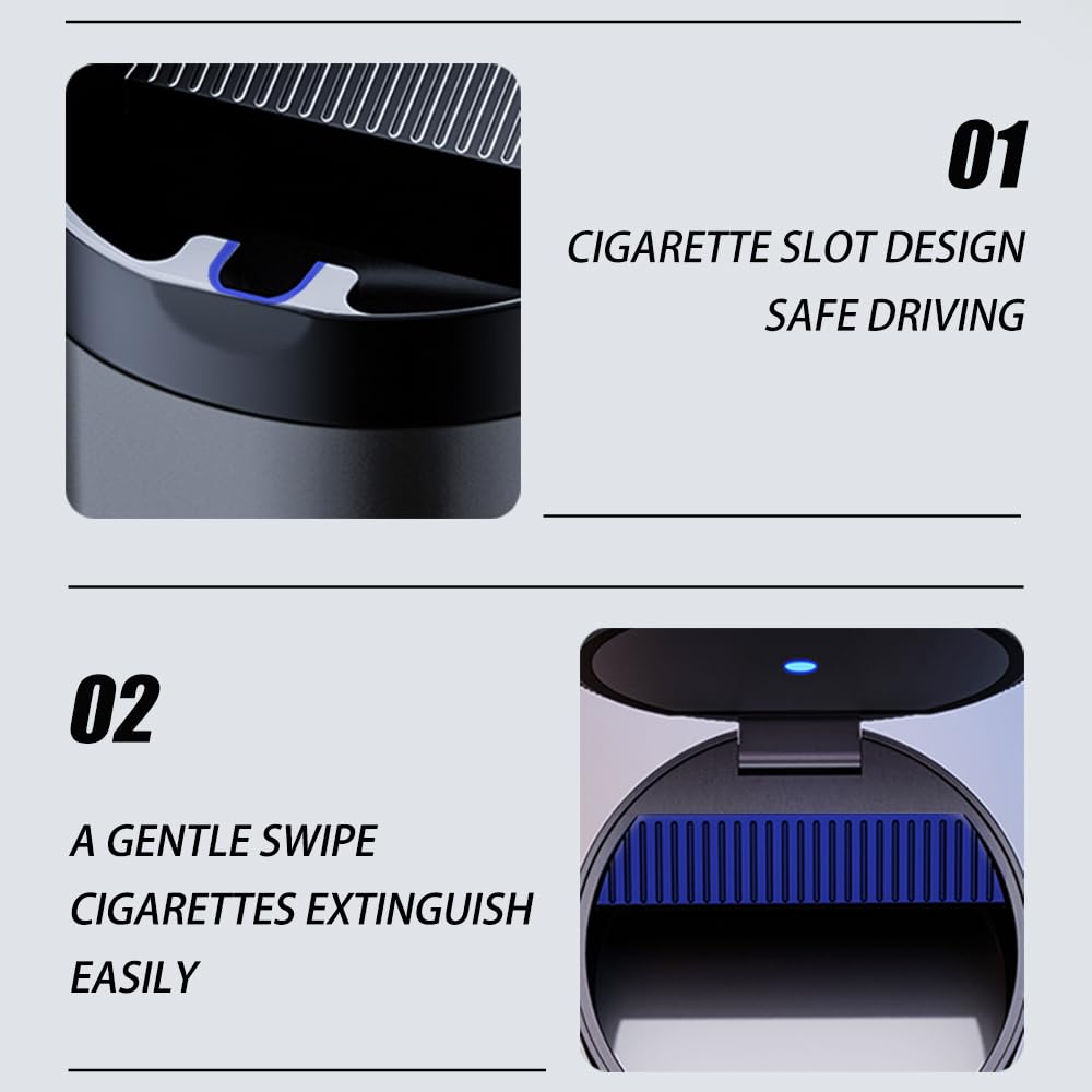 Tmengdao Ashtray with Lid,Smokeless Ashtray for Cup Holder Smell Proof,Detachable Stainless Steel Car Ash Tray with LED Auto Light, for Most Car, Office, Home (Grey)