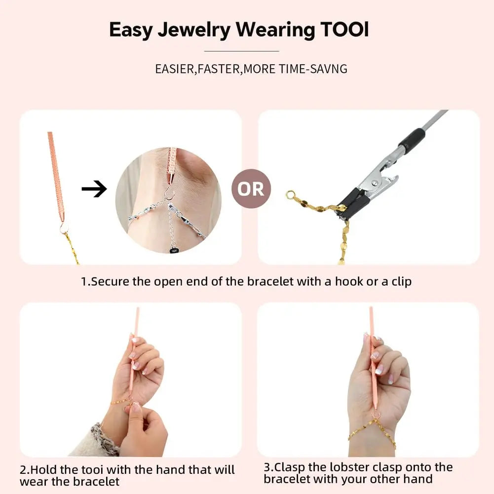PEOUWNES 2 Pcs Bracelet Helper Tool Hook, Bracelet Helper to Put on Yourself, Wearing Tool Aid Assistance for Necklace Watch Clasps Zippers Crafts Adjustment(Silver and Rose Gold)