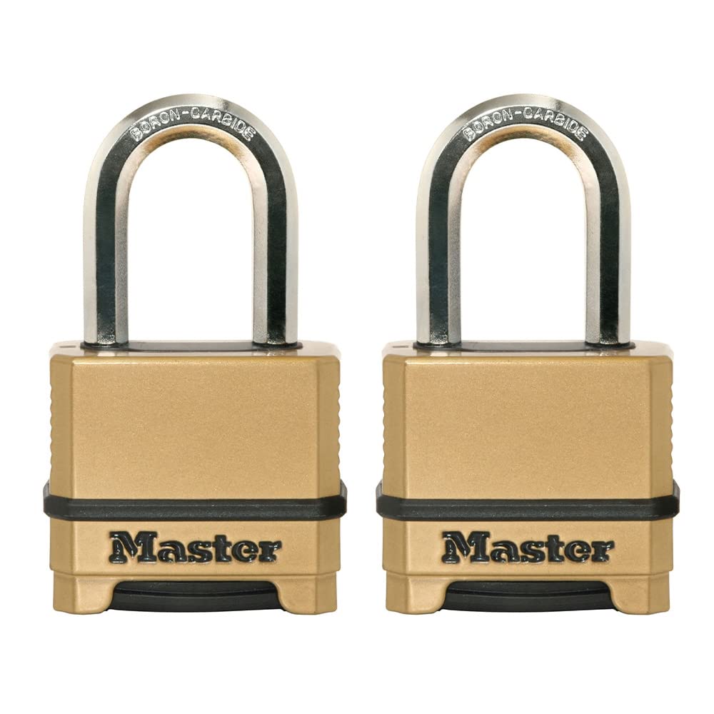 Master Lock Gold Outdoor Kombinationsschloss, hochbelastbares, wetterbeständiges Vorhängeschloss, zurücksetzbares Zahlenschloss für den Außenbereich, 3 x 5 x 9,8 cm, 2 Stück, M175LFEC2