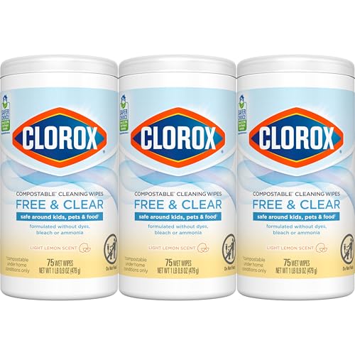 Clorox Free & Clear Cleaning Wipes, Light Lemon Scent, 75 Count, Pack of 3 (Pack May Vary)