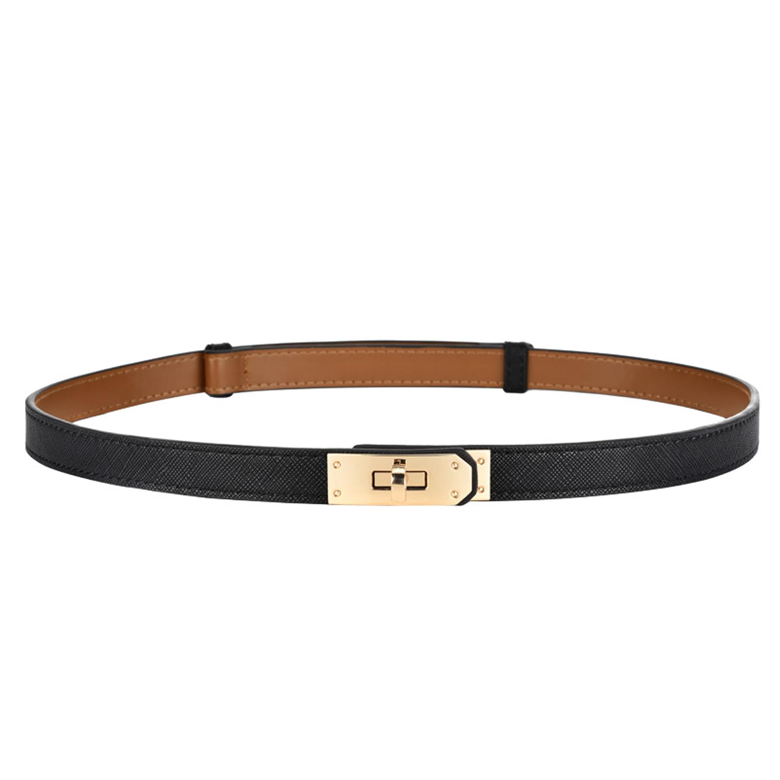 FENLDY Adjustable Thin Belts For Womens Skinny Belts For Dresses Womens Solid Color Alloy Turn Lock Belts For Jeans (Black belt gold buckle)