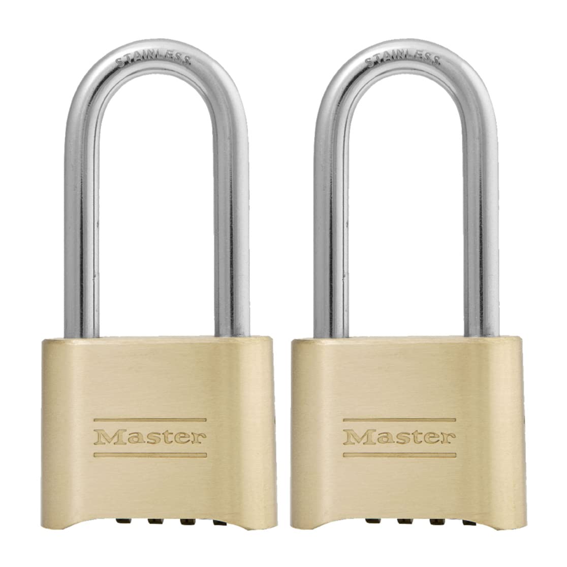 Master Lock Messing-Zahlenschloss, Torschloss für Außenzaun oder Schuppen, anpassbares Zahlenschloss mit verlängertem 5,7 cm langem Bügel, 2er-Pack, 175LHEC2