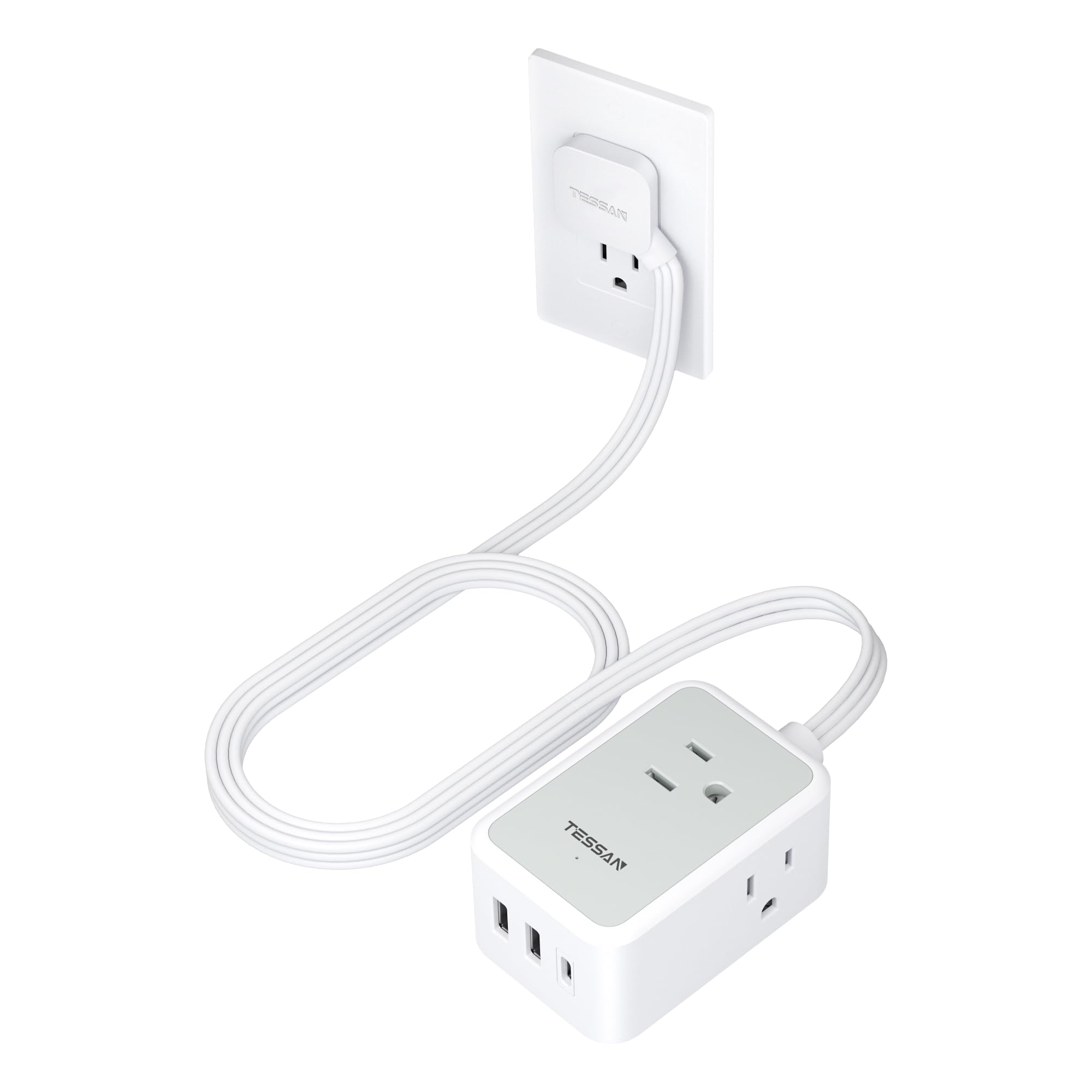 TESSAN Flacher Stecker Mehrfachsteckdose, ultradünnes Verlängerungskabel mit 3 USB-Anschlüssen (1 USB C), Mini-Ladestation mit 3 Steckdosen, 1,5 m schlanker Stecker für Kreuzfahrten, Reisen, Büro, Schule, Studentenwohnheim