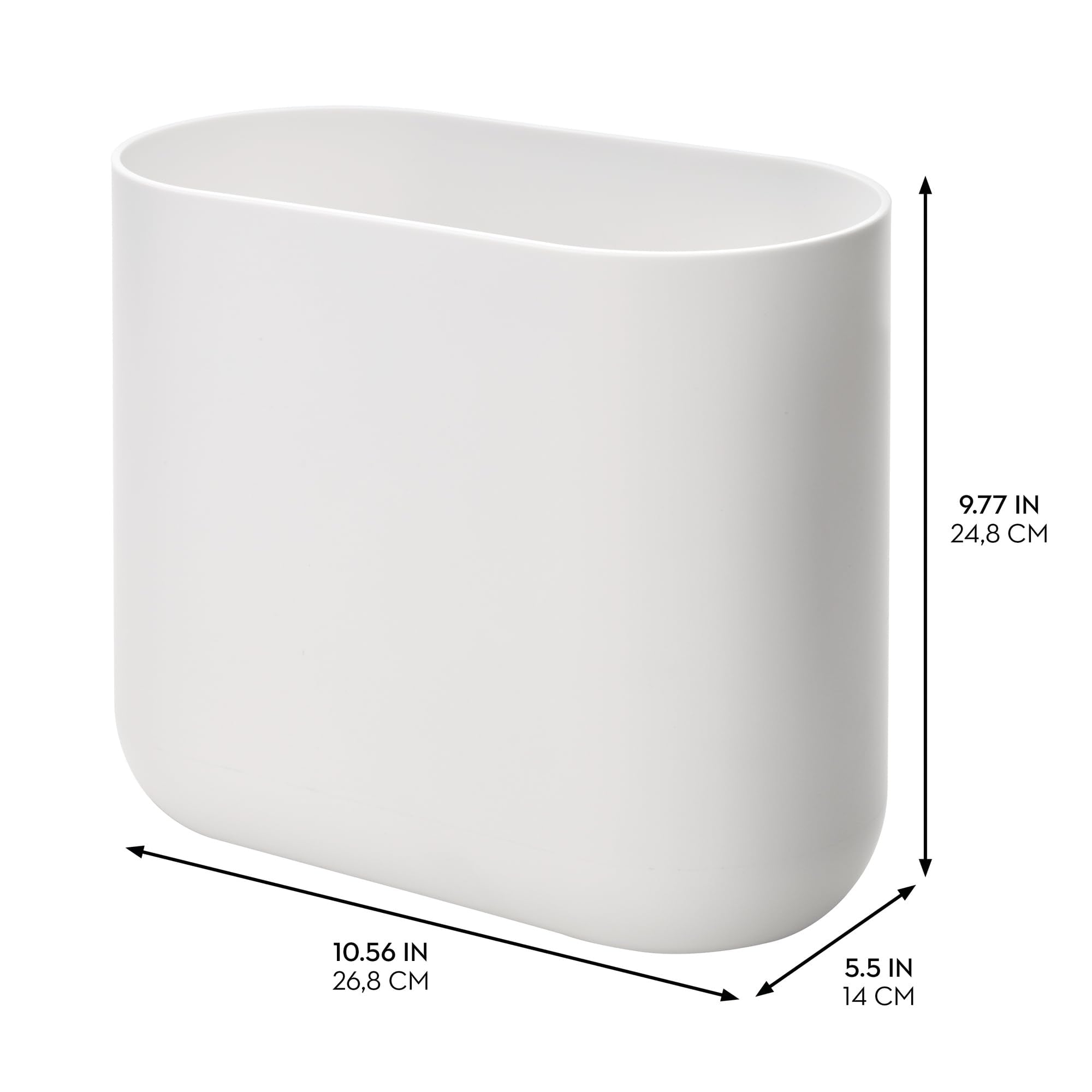 iDesign Slim Oval Plastic Waste Basket The Cade Collection, 10.56” x 5.5” x 9.77”, White