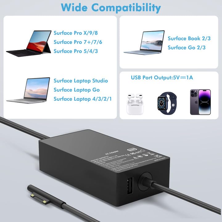 WENYAA 65W Surface Pro Laptop Charger Compatible with Microsoft Surface Pro 9 8 7 6 5 4 3 X Power Adapter,Surface Laptop 1 2 3,Compatible with Both Microsoft Surface Book Laptop/Tablet