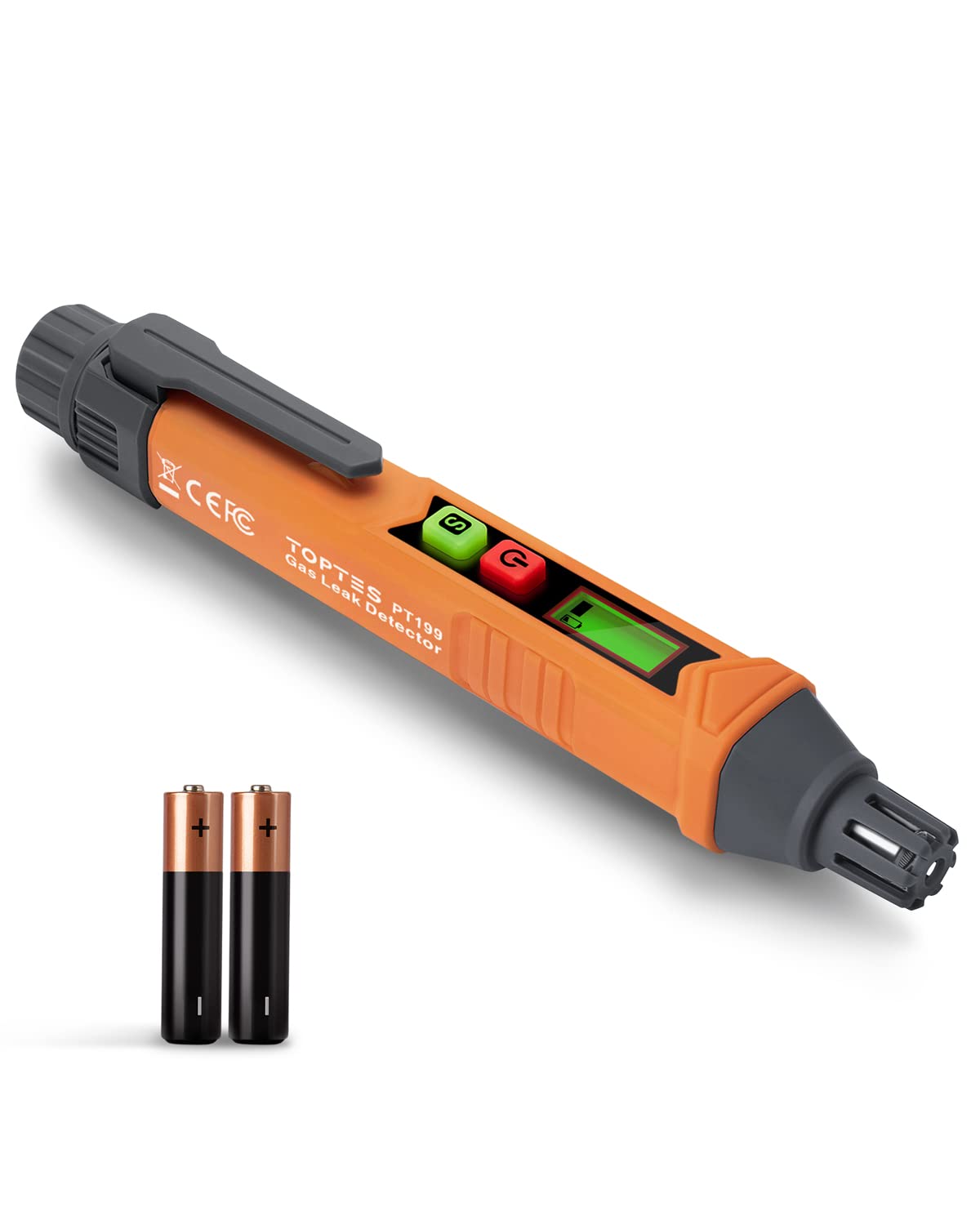 TopTes PT199 Erdgaslecksuchgerät mit akustischem und visuellem Alarm, tragbarer Gasspürer zum Auffinden brennbarer Quellen wie Methan, Propan für Zuhause (inklusive 2 Batterien) – Orange