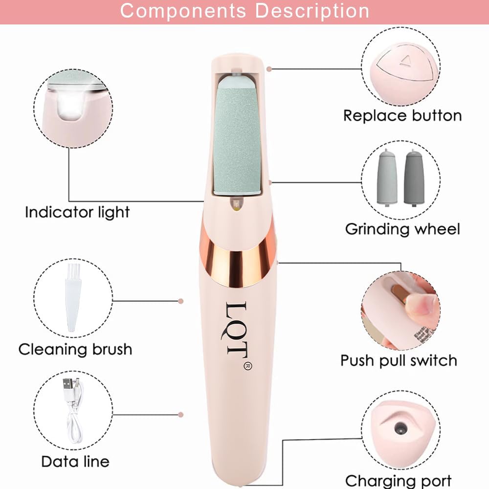 LQT® Electric Foot File – Rechargeable Callus Remover for Hard, Cracked Skin – at-Home Pedicure Kit for Smooth Feet (Men & Women) (Pink)