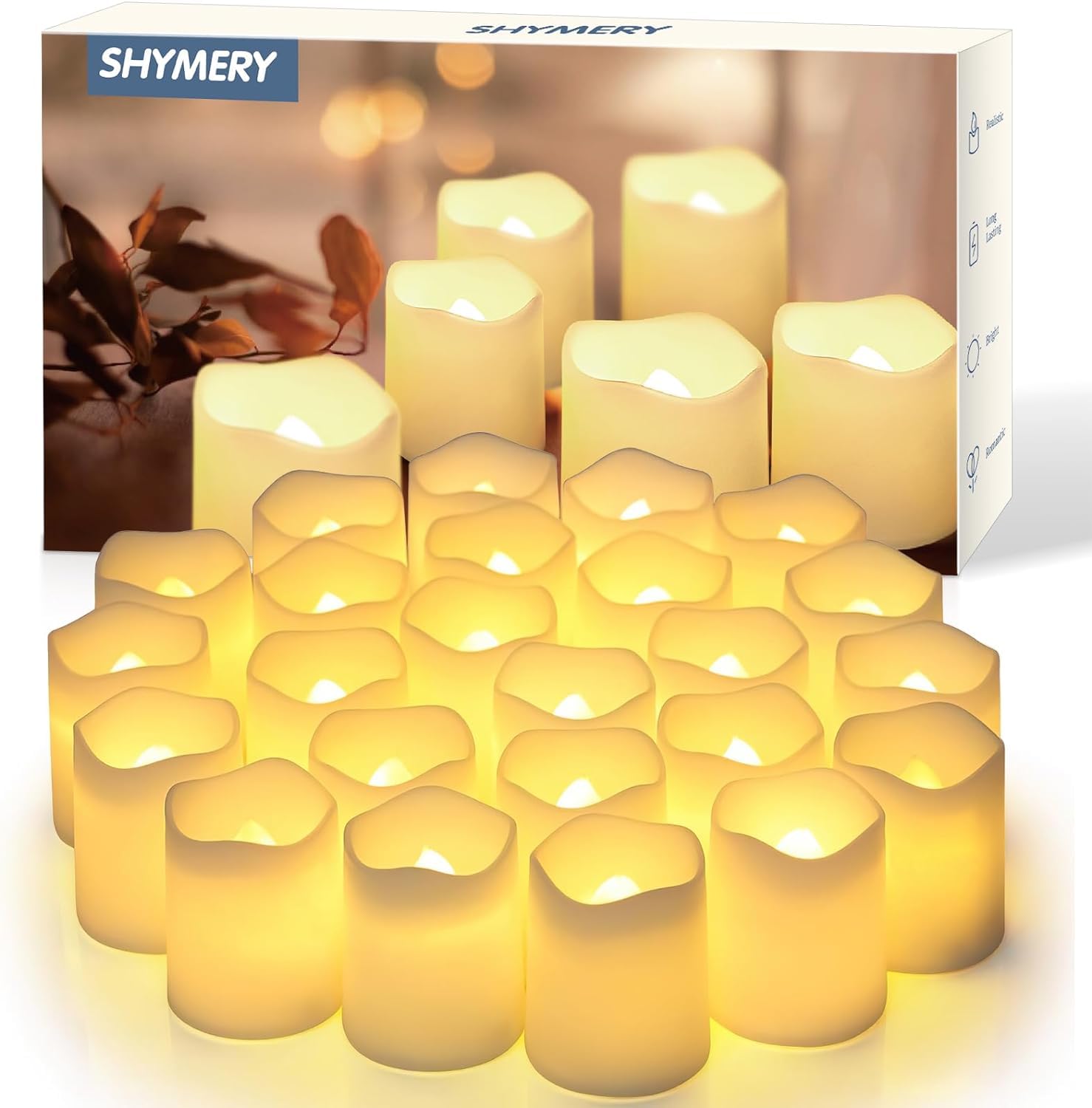SHYMERY Flammenlose Votivkerzen, flackernde elektrische Kerzen, 24er-Pack, 200+ Stunden batteriebetriebene LED-Teelichter in Warmweiß für Hochzeiten, Tische, Halloween, Weihnachtsdekorationen, 3,8 cm x 4,3 cm