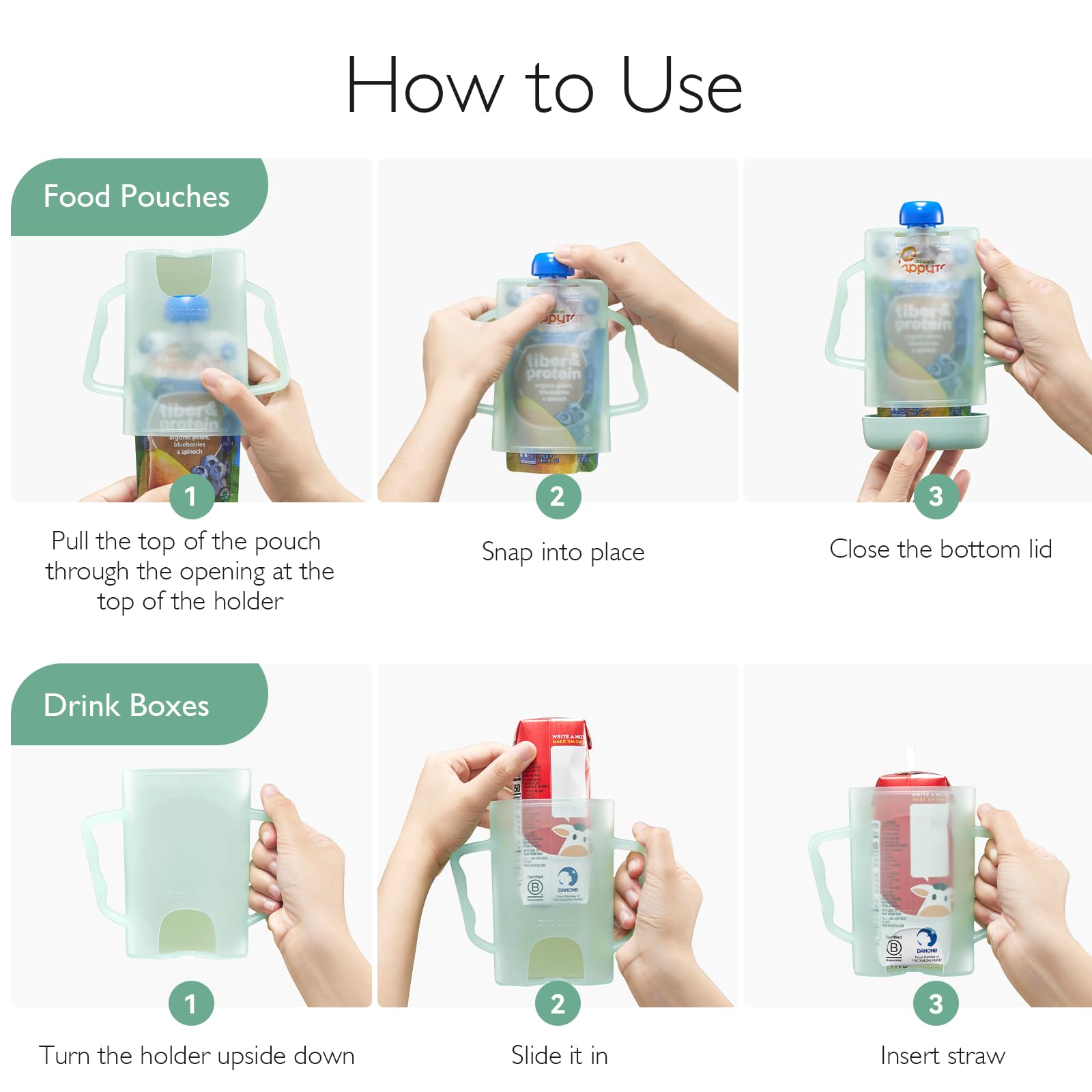 Momcozy Squeeze Pouch Holder for Food Pouches and Drink Boxes, Baby Pouch Holder Allows Baby to Self-Feed and Avoid Messes, Baby Food Pouch Holder Handle is Easy to Grip, Comfortable, Green