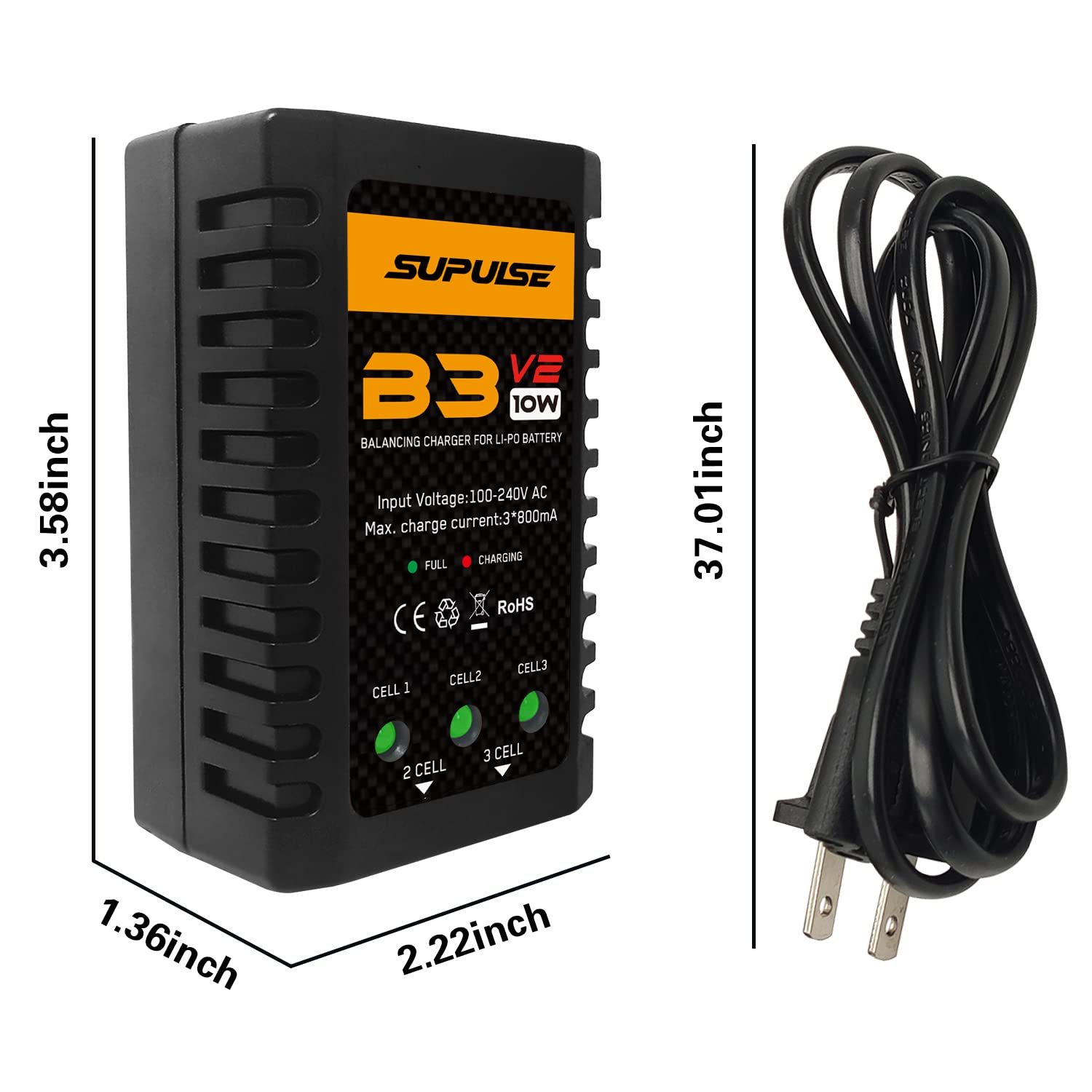 SUPULSE LiPo Battery Charger 2S-3S RC Balance Charger AC 7.4-11.1V 10W Upgrade Version Compact Lipo Charger RC Car Charger for XHR Plug Battery(B3V2)