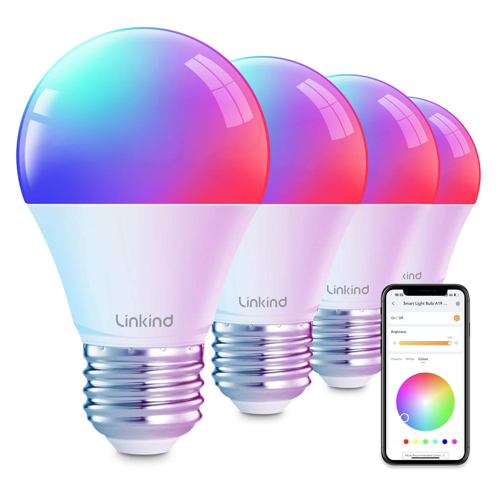 Linkind Smarte Glühbirnen, Smart Bulb kompatibel mit Alexa & Google Home, LED-Glühbirnen mit Farbwechsel, 104 voreingestellte Szenen, Musik-Synchronisation, A19 E26 2.4GHz RGBTW WiFi Bluetooth Glühbirne 60W, 800LM, 4er-Pack