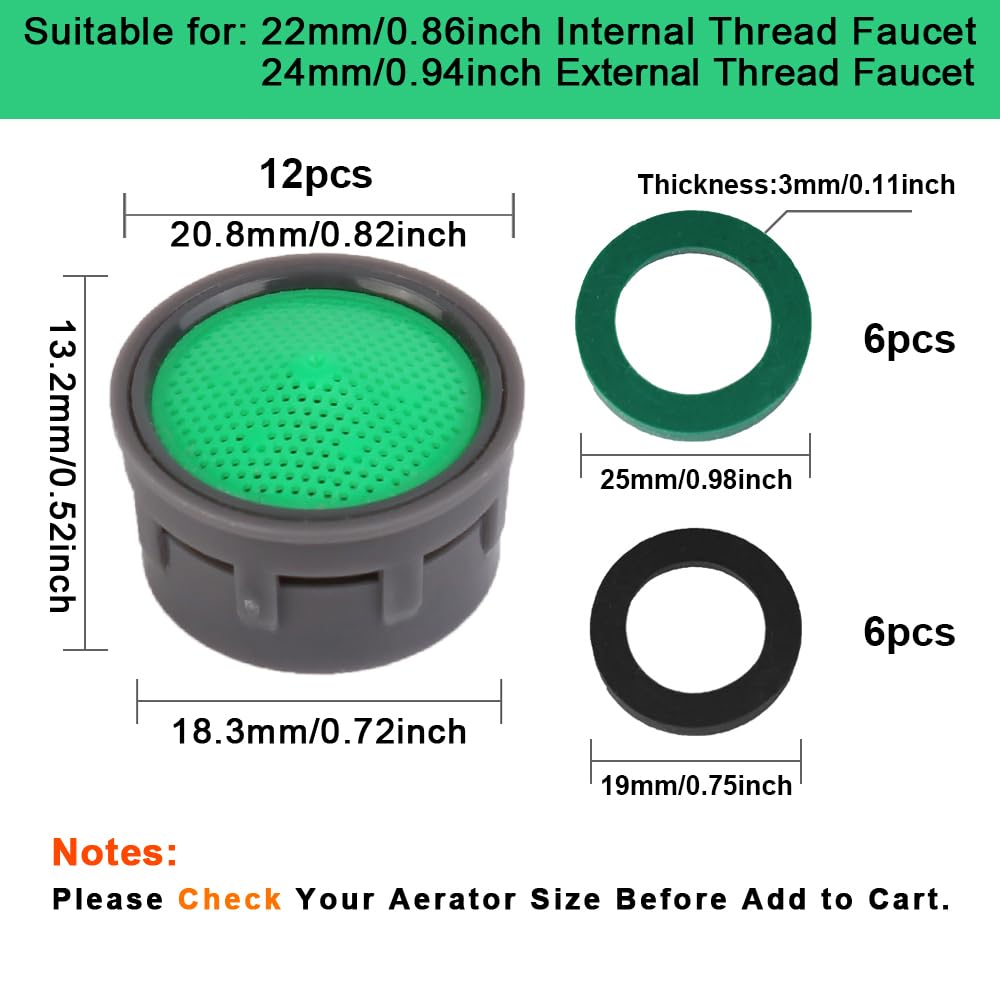 SHAP+ Faucet Aerator, Flow Restrictor Insert, Sink Aerator Replacement Parts for Bathroom or Kitchen Sink Faucet Filter, Fit for Internal and External Thread Faucet Aerators, with Washer (12pcs)