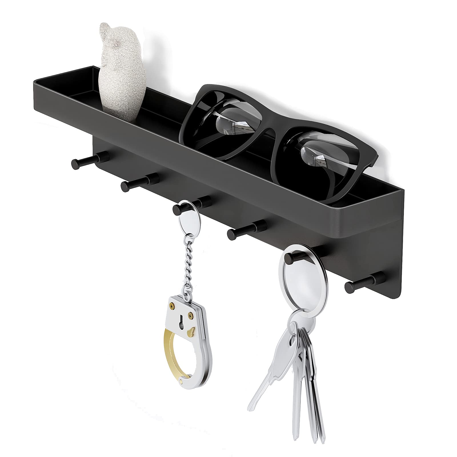 MKO Key Holder Wall Mount, Key Holder Wall Mount Adhesive with Mail Organizer Tray with 6 Key Hooks for Wall, Black