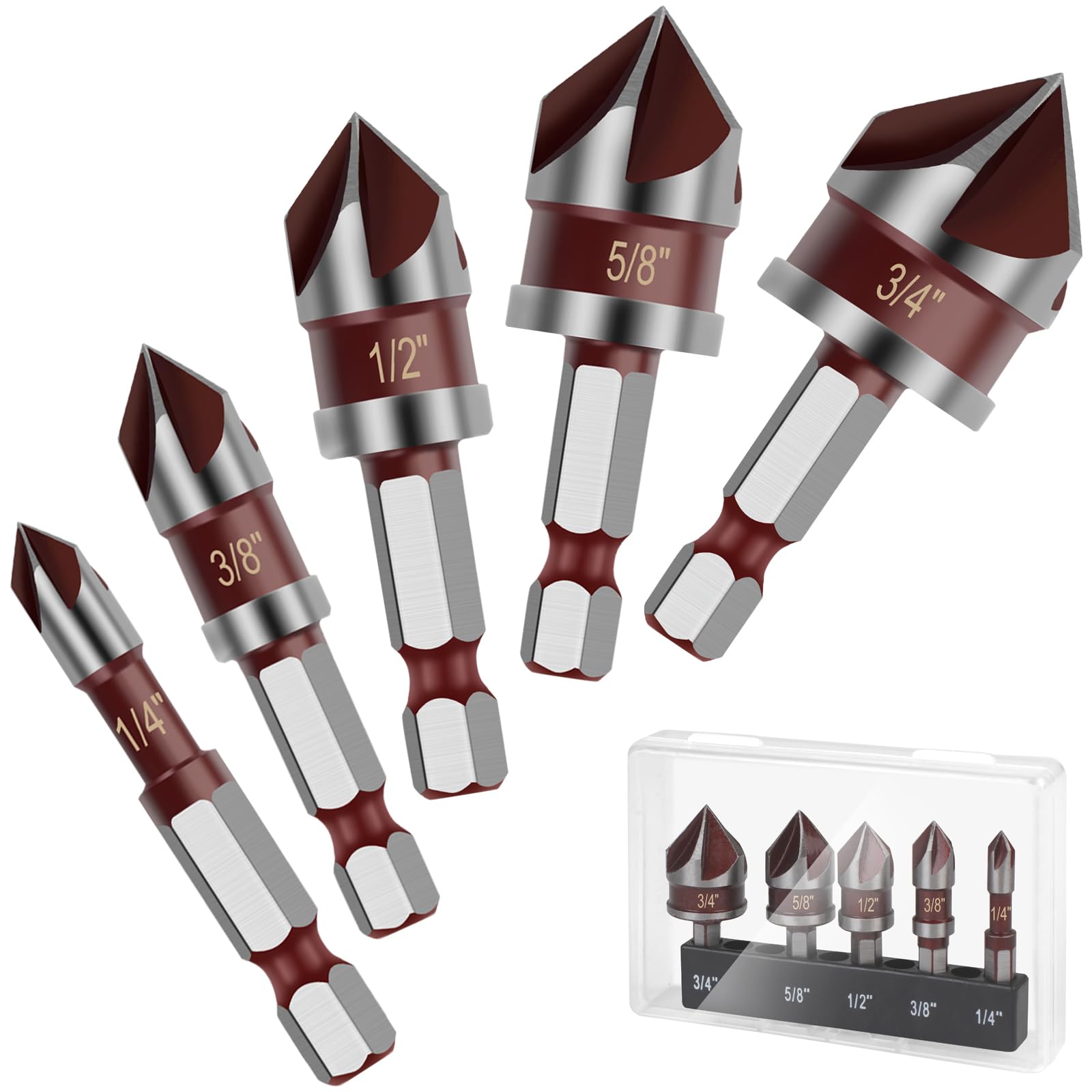 5-teiliges Senkbohrer-Set, 82 Grad HSS-Senkbohrer für Holz, Metall, Kunststoff, 1/4"-3/4" mit 1/4" Sechskantschaft Senkbohrer-Set