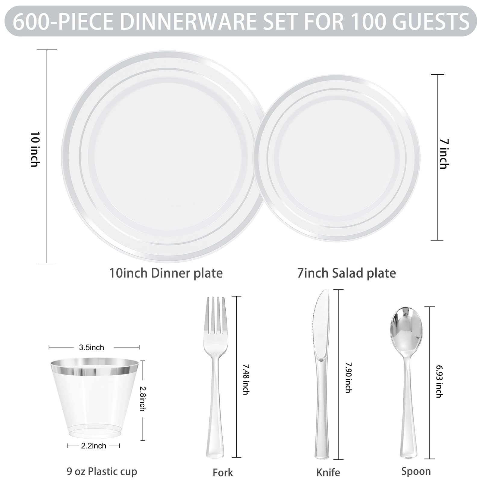 WELLIFE 600 PCS Silver Disposable Dinnerware Set for 100 Guests, Wedding Plates Silver Plastic Plates for Party, 100 Each-Dinner & Salad Plates, Cups, Forks Knives Spoons for Wedding and Anniversary