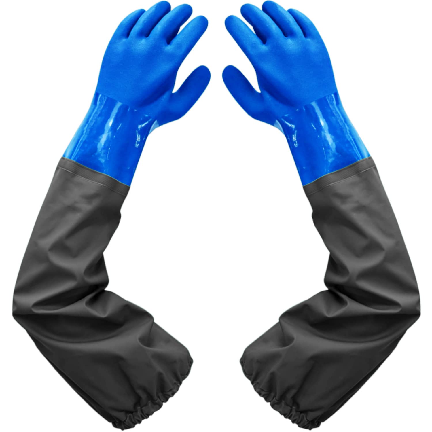 Haiou PVC Chemikalienbeständige, lange Gummi-Hochleistungs-Arbeitshandschuhe für Chemie- und Säurearbeiten, 63,5 cm, Groß-(Blau)