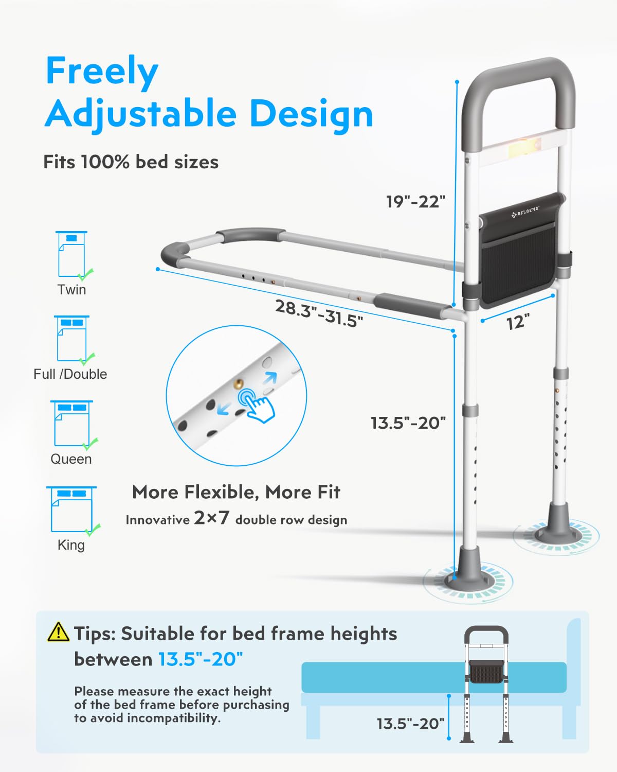 Bed Rails Elderly Adults Safety: Side Assist Grab Bar Handrails for Seniors with Motion Sensor LED Light Pouch - Adjustable Bed Cane Portable Handle Bedside Railing - Fits Twin Full Queen King Grey