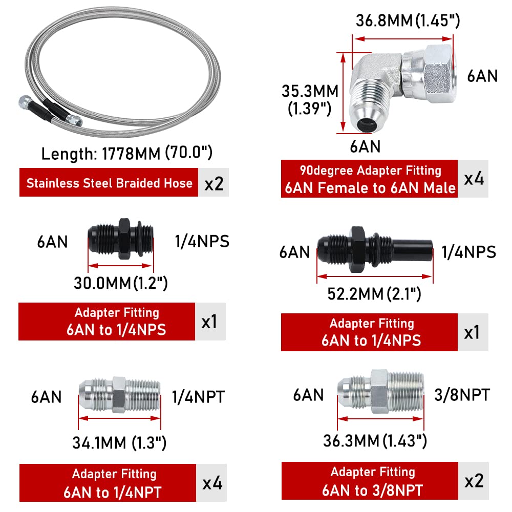 6AN 70" Transmission Fluid Oil Cooler Hose Line kit for GM Chevy Transmission 4L80E TH350 TH400 4L60E 700R4 200-4R TR6060 Ford AOD 4R100 4R70W and C5 Stainless Steel Braided PTFE Hose