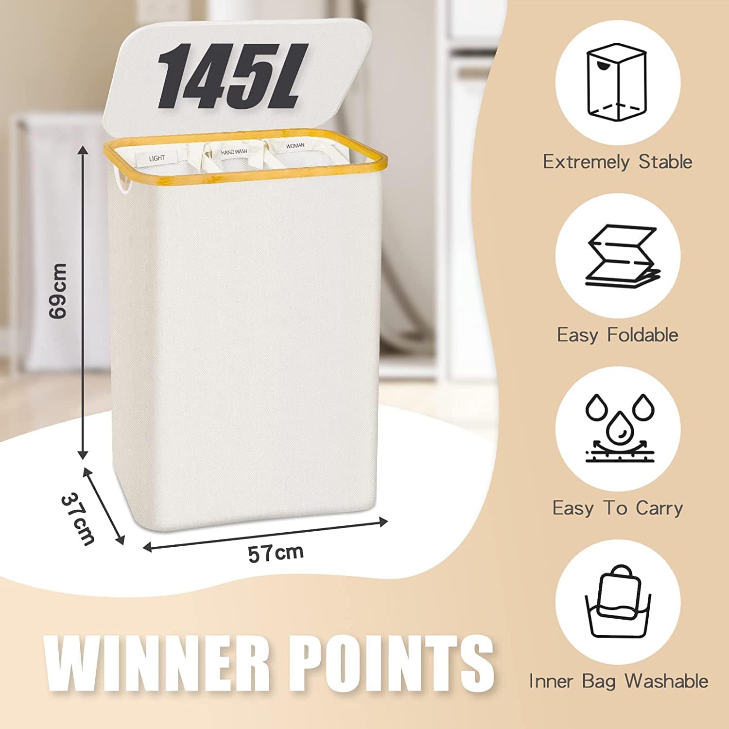 Laundry Basket with Lid, 145L Extra Large Laundry Hamper 3 Section Dirty Clothes Hampers for Laundry with Removable Laundry Bags, Laundry Sorter for Bedroom, Laundry Room, Beige
