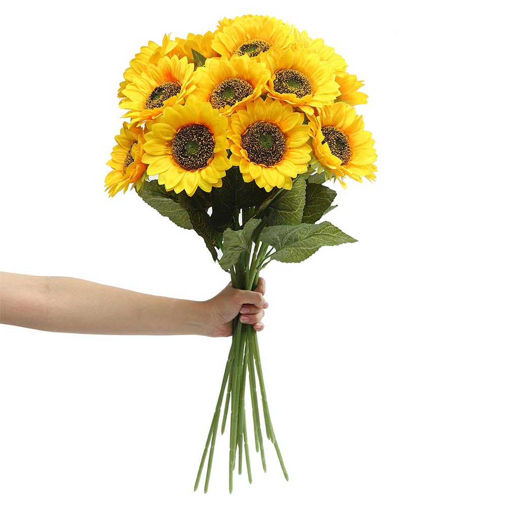 Laelfe Künstliche Sonnenblumen, lange Stiele, Seide, künstlich, groß, Sonnenblumen, Dekoration für draußen, Zuhause, Hochzeit, Babyparty, Geburtstagsparty, einzeln, Großpackung, gelb, Deko, 6 Stück (dunkle Mitte)