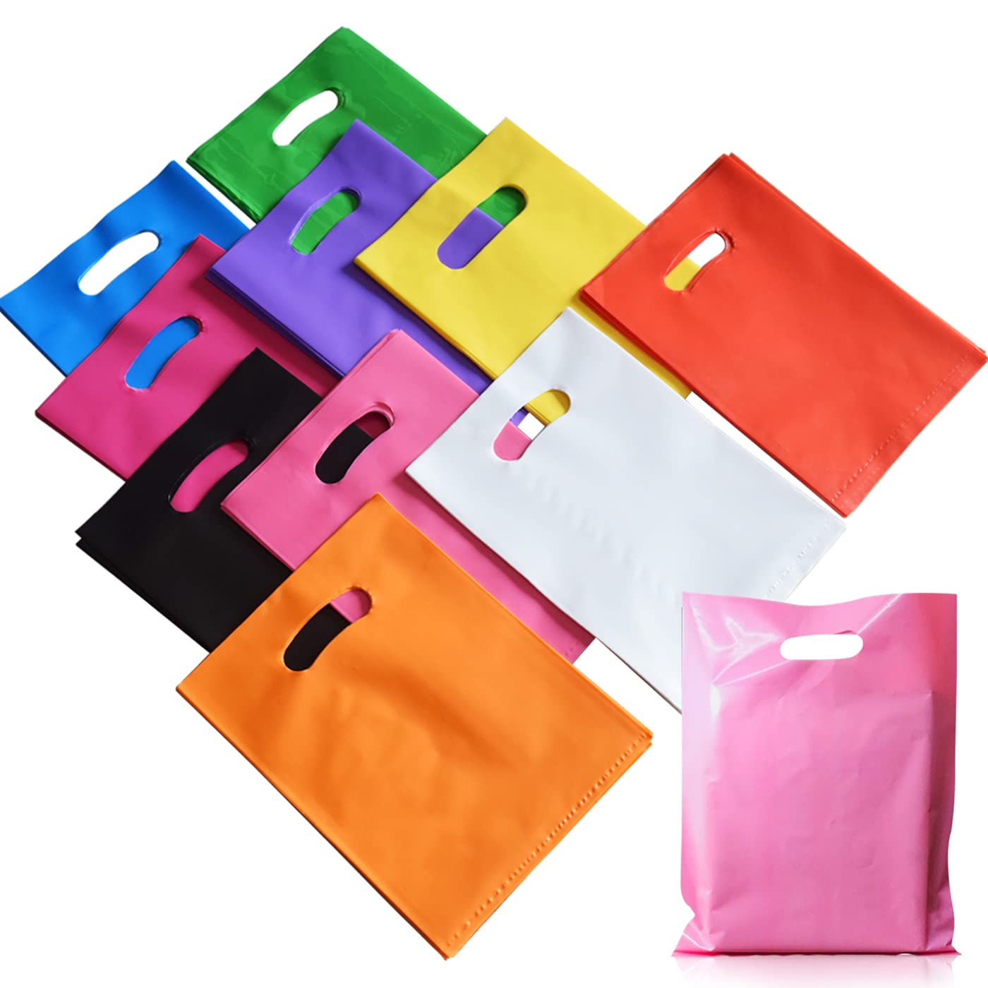 VieFantaisie Plastic Party Favor Small Gift Bags, 100 PCS 6" x 8" Goodie Bags for Kids, Candy Treat Pouches Bulk with Handle for Kids' Birthday Party, Thanksgiving, Christmas, Halloween, 10 Colors