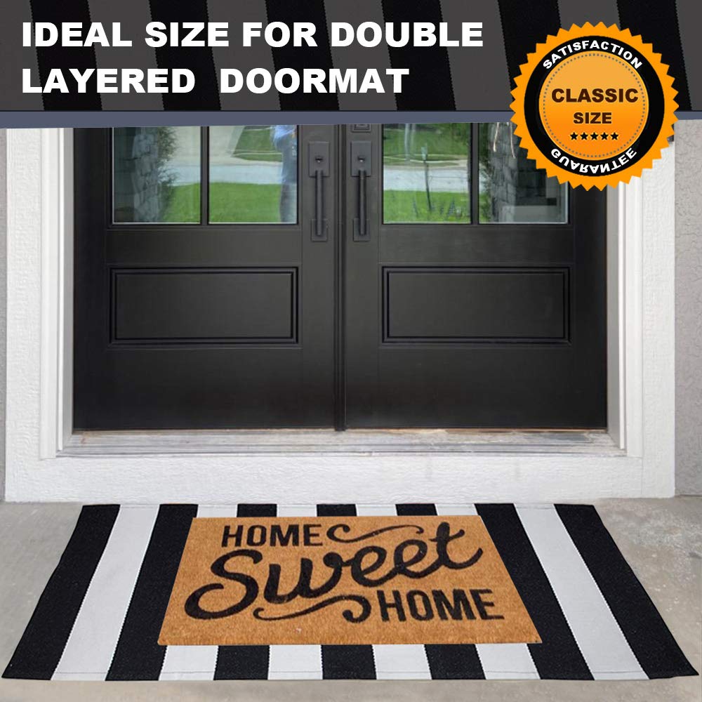 KaHouen Black and White Striped Rug (23.6 x 51.2 Inches), Striped Layering Mats, Handmade Woven Indoor Outdoor Doormats Striped Rug for Kitchen/Laundry/Bathroom/Living Room