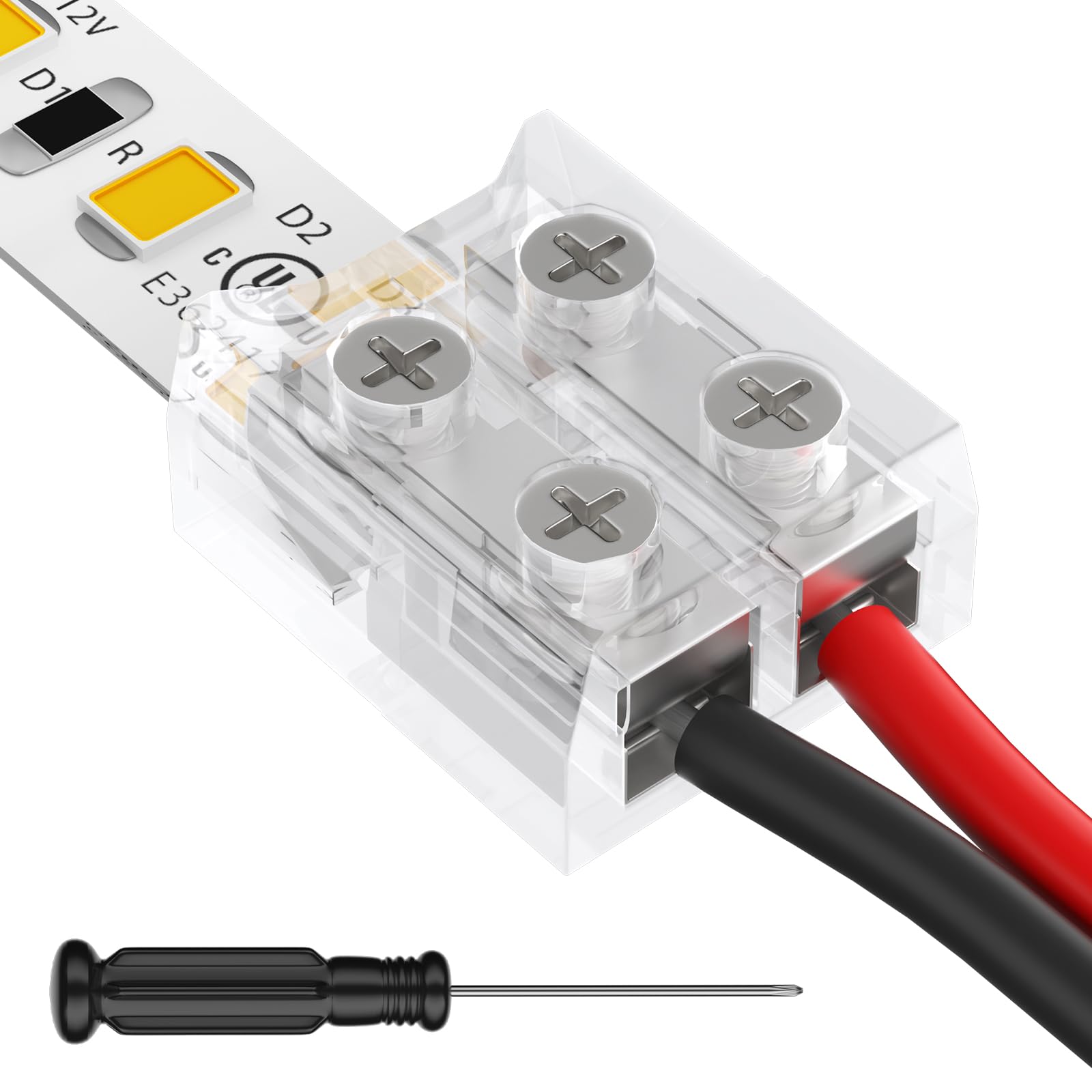 HitLights 12 Stück LED-Verbinder 2 Pin 10mm Lötfreier LED Streifenverbinder Transparente LED Strip Lichtverbinder mit Schraubendreher Streifen zu Draht für 12V 24V Einfarbige LED-Lichtstreifen