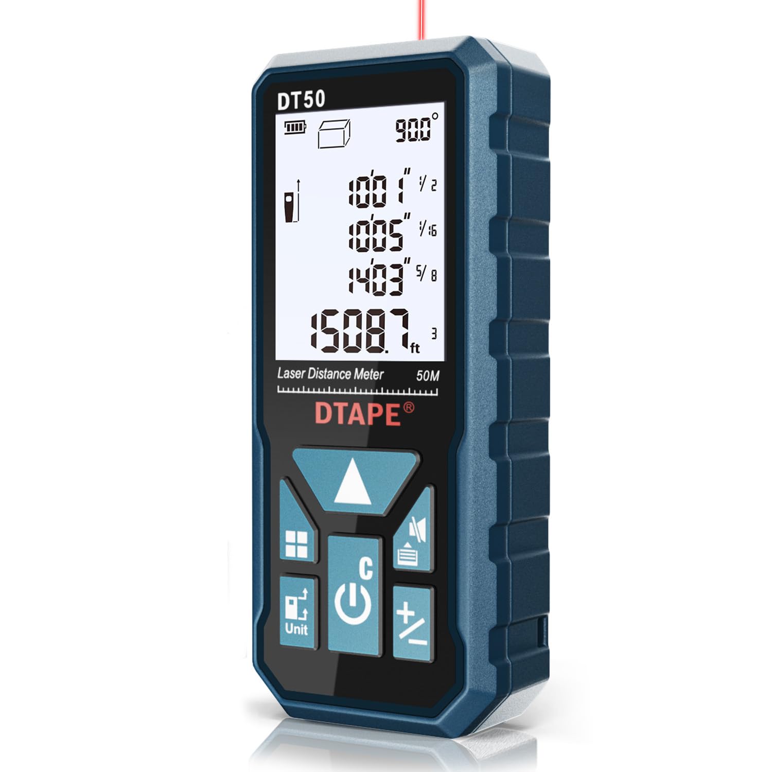 DTAPE Laser-Messgerät 50 m, Digitaler Laser-Entfernungsmesser, verbessertes hochpräzises Laser-Messwerkzeug, elektronisches Maßband, 5,08 cm LCD-Display mit Hintergrundbeleuchtung, Flächen-/Volumen-/Indirekte Messung, Zoll/Fuß/Fuß+Zoll/Meter