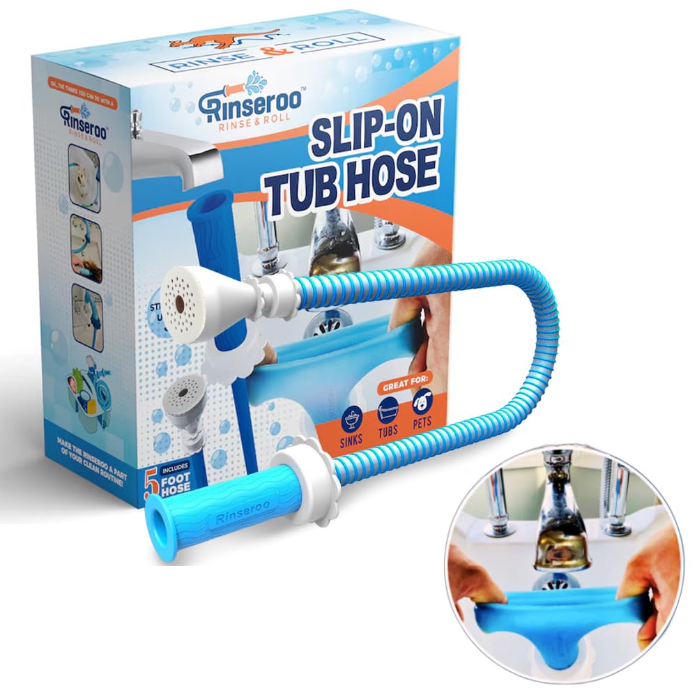 Rinseroo: Slip-On Tub Hose - As Seen on Shark Tank - 5ft Flex Bathtub Faucet Sprayer - Easy Rinse for Pets, Hair & Cleaning - No Installation Needed - Fits Faucets Up to 3" Wide - Mess-Free & Portable