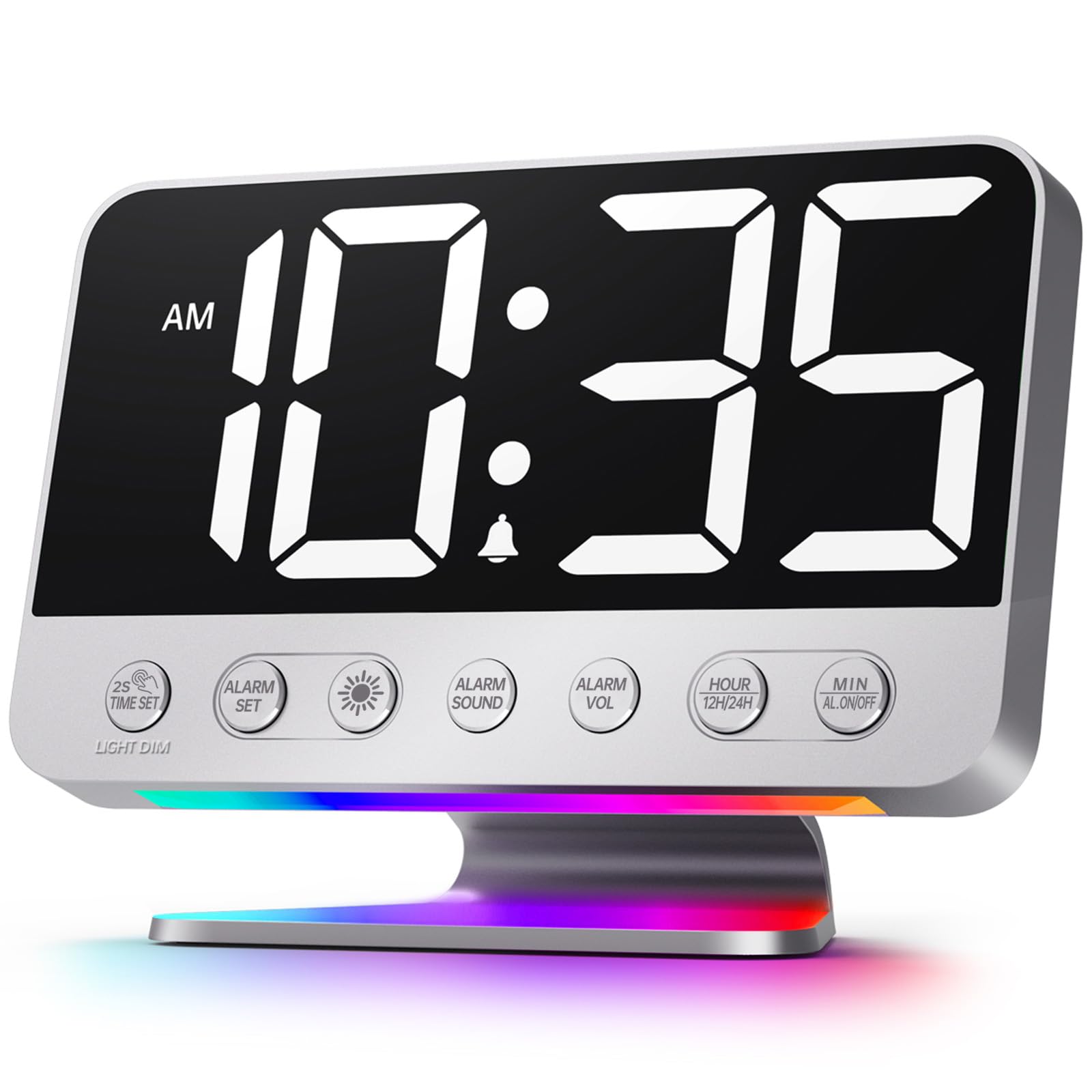 Odokee Digitalwecker für Schlafzimmer: Große, deutliche Ziffern, 5-facher Helligkeitsdimmer – leicht ablesbar aus der Entfernung – 5 Wecktöne, 8 Nachtlichtfarben – Silber